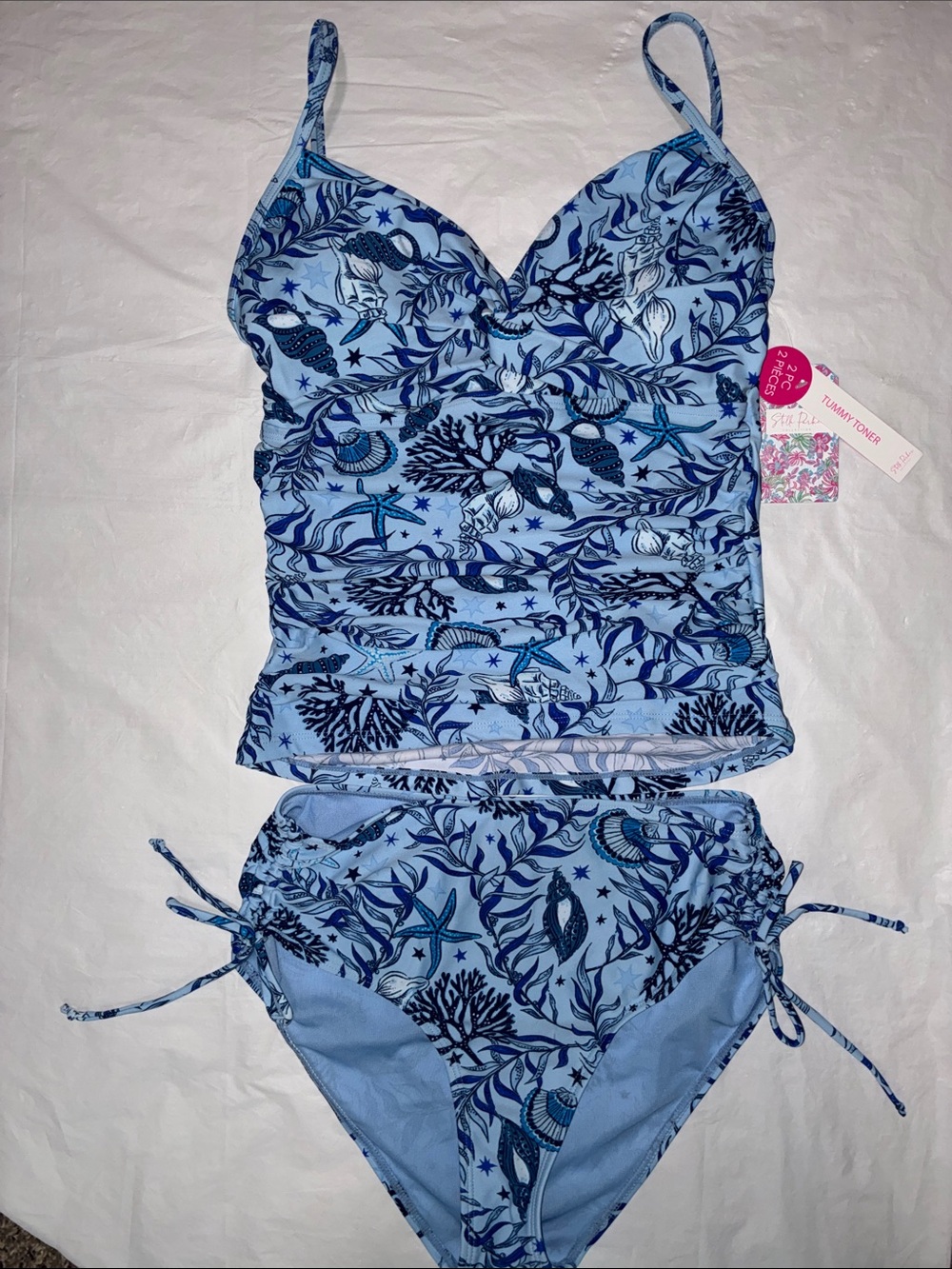 Light Blue Ocean-Print Tankini Set with Adjustable Bottoms